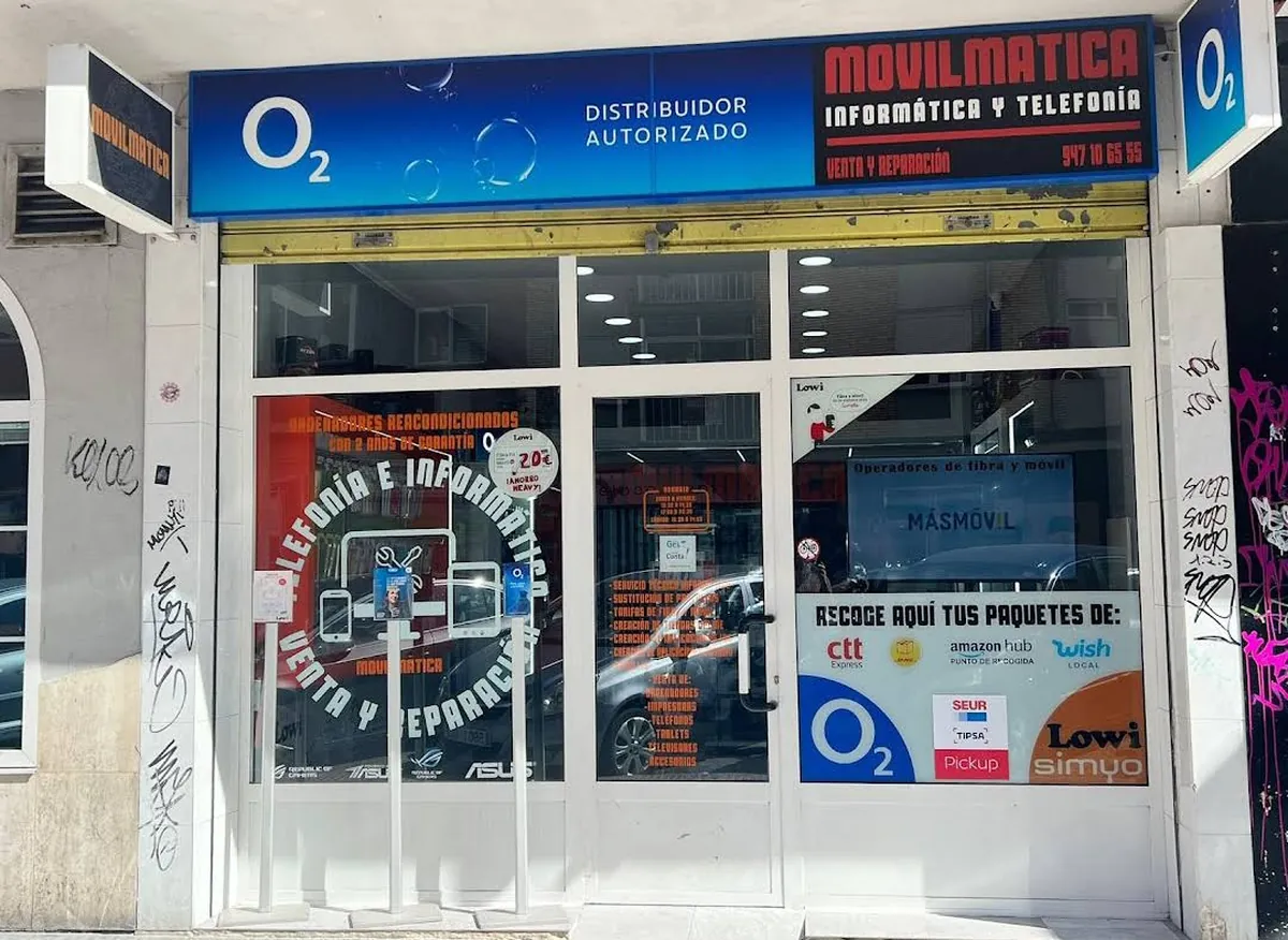 Fachada de Movilmática O2 en Burgos, distribuidor autorizado O2 y punto de recogida